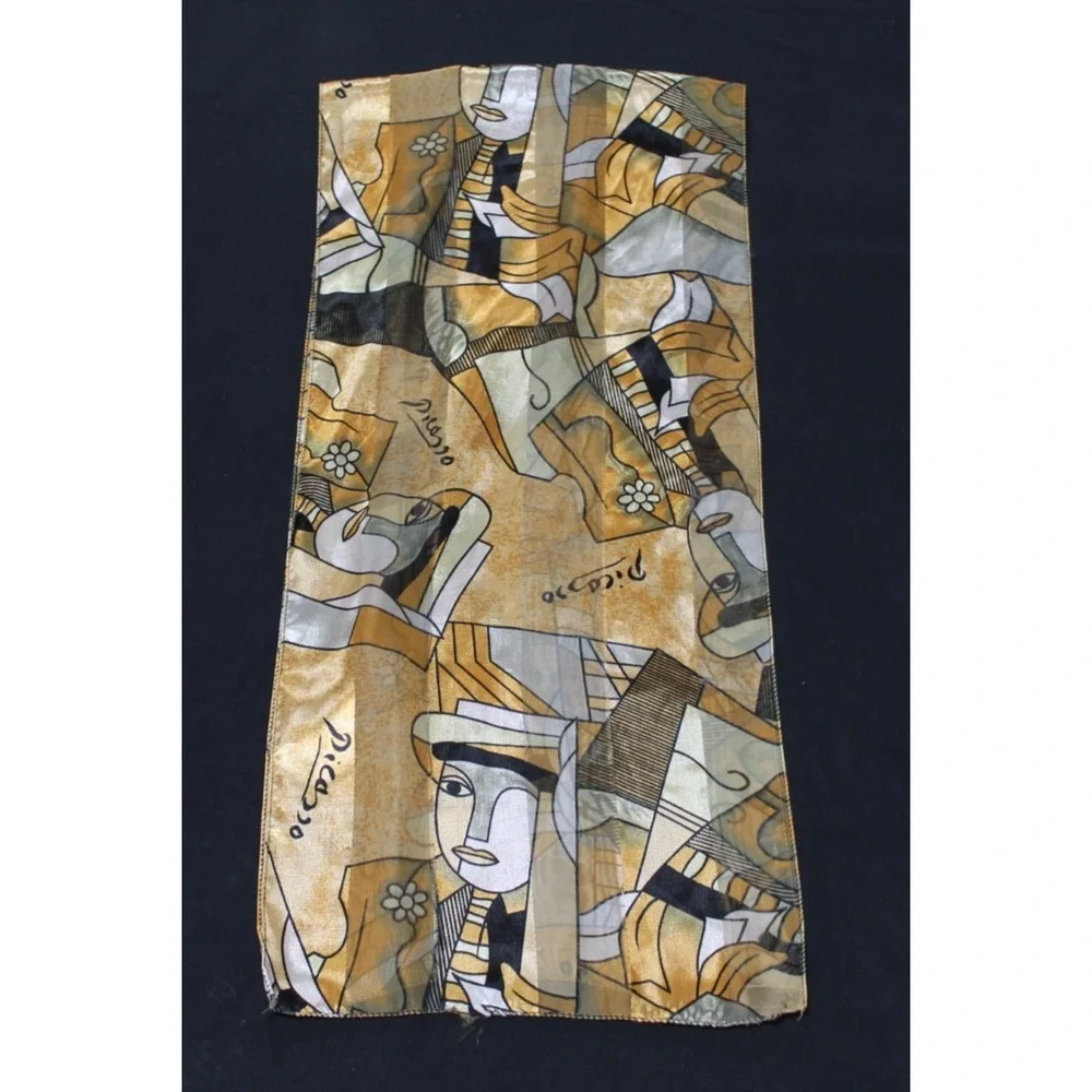 Picasso Silk Scarf 13x58 Abstract Cubist Art Print Hand Rolled Hem Long Scarf